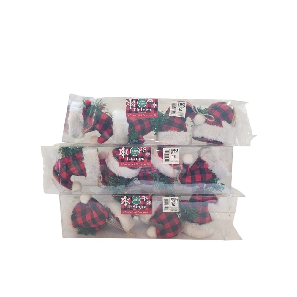 Lot Of 12 Winter Wonder Lane Santa Hat Ornaments Pine Plaid